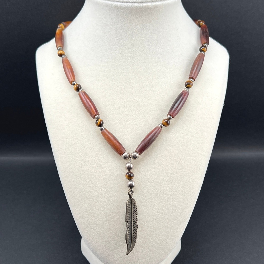 Boho Beaded‎ Necklace Brown Feather Pendant Tigers Eye Horn Hairpipe Beads 18"
